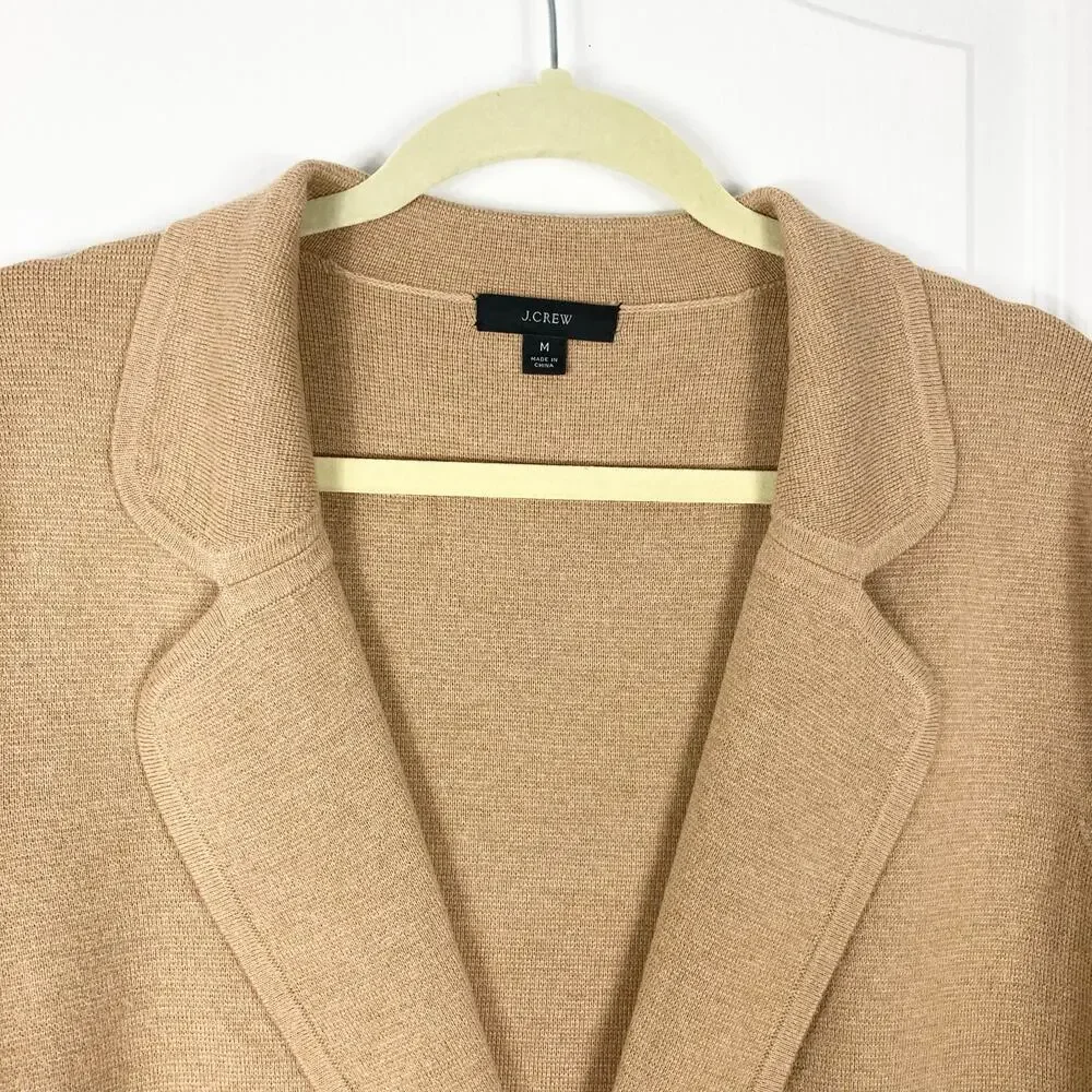 J CREW Blazer Jacket Cardigan Sweater M Merino-Wool Cotton Knit Tan Open”Eloise”
